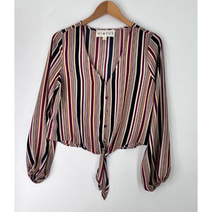 Hiatus Multicolor Button Front Striped Blouse Long Sleeve Tie Hem Womens Medium